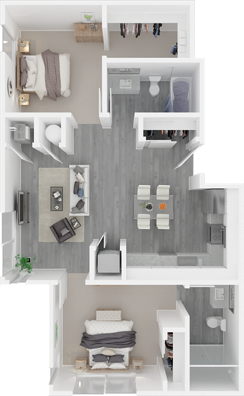 Floor plan for 2 beds, 2 baths, 902 sqft